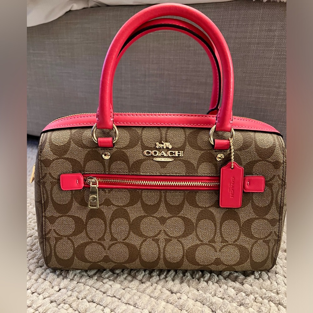 Coach Rowan Satchel In Signature Canvas  Color: Khaki/hot pink.